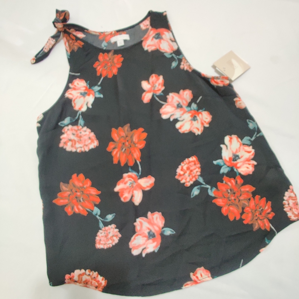 14th & Union Black Red Pink Floral Scoop-Neck Top S